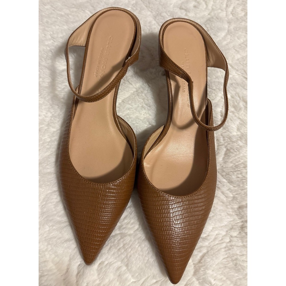 Club Monaco Brown Lizard Embossed Leather Slingback Pointed Toe Kitten Heels 37